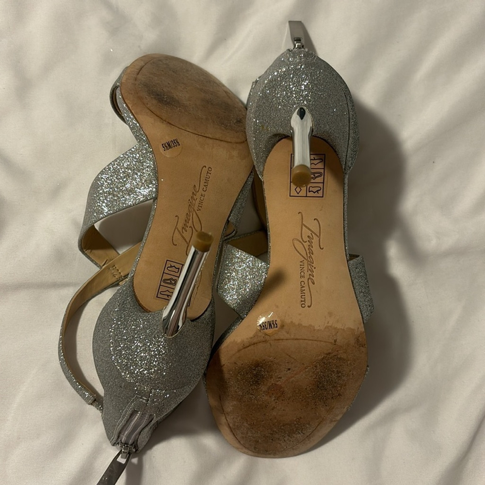 IMAGINE VINCE CAMUTO Pascal2 heeled sandals open toe shoes silver glitter sz 5.5 - Picture 12 of 16